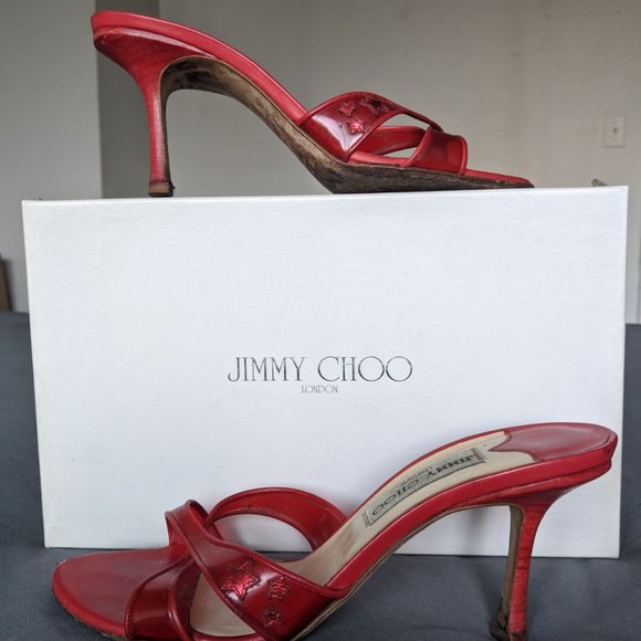 RARE Jimmy Choo Red Perspex Heeled Sandals Sz 38.5 - Picture 1 of 15